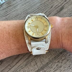 Genuine Leather Watch Gold Cream Stainless Steel Japan Buckle Bracelet